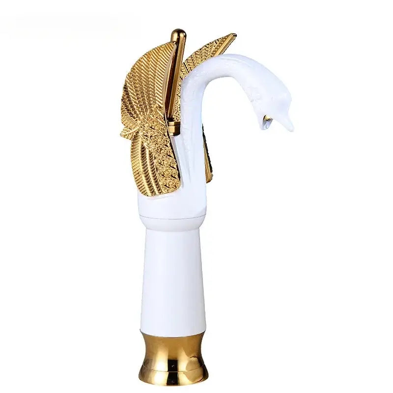 Ornate golden swan solid brass basin faucet with white ceramic valve core and detailed golden wings for bathroom use
