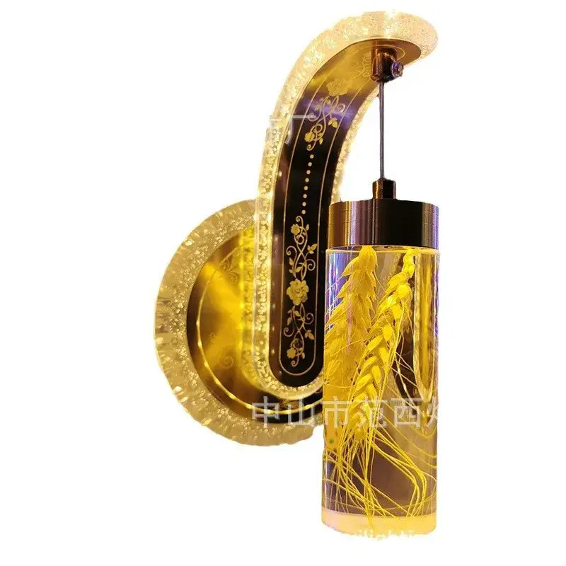 Ornate golden led lights wall sconce with cylindrical glass pendant containing preserved golden wheat stalks decorbites colorful pressed
