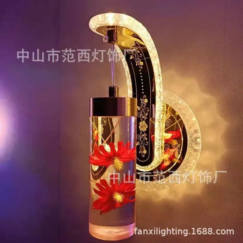 Ornate golden wheat led lights living room glass wall sconce with curved crystal arm and colorful pressed flower decorbites