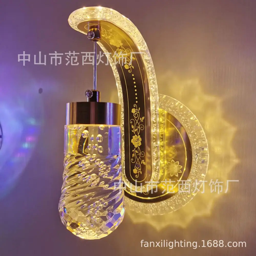 Ornate golden wheat led lights living room glass wall sconce with crystal-encrusted crescent shape and floral inlay decorbites colorful pressed flower