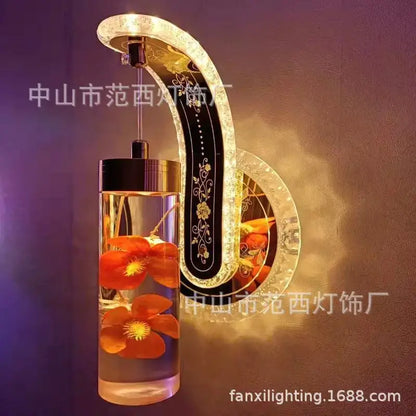 Ornate golden wheat led lights living room glass wall sconce with curved crystal and colorful pressed flower decorbites
