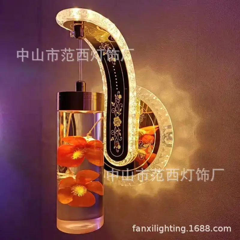 Ornate golden wheat led lights living room glass wall sconce with curved crystal and colorful pressed flower decorbites