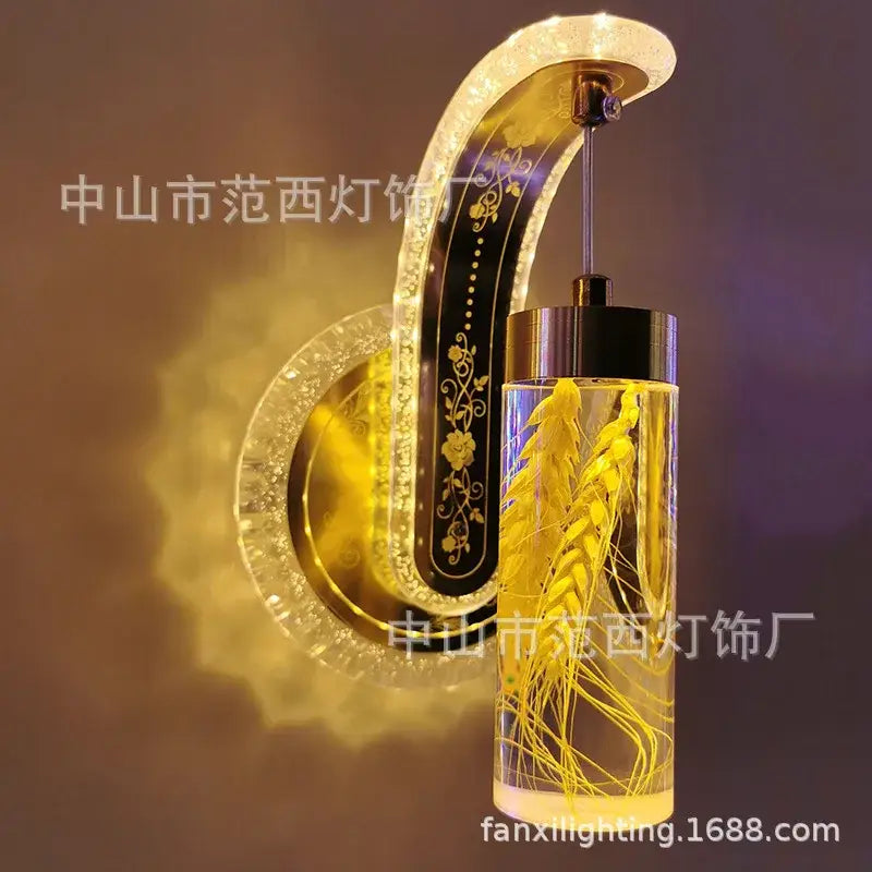 Ornate golden wheat led lights living room glass wall sconce with crystal accents and colorful pressed flower decorbites