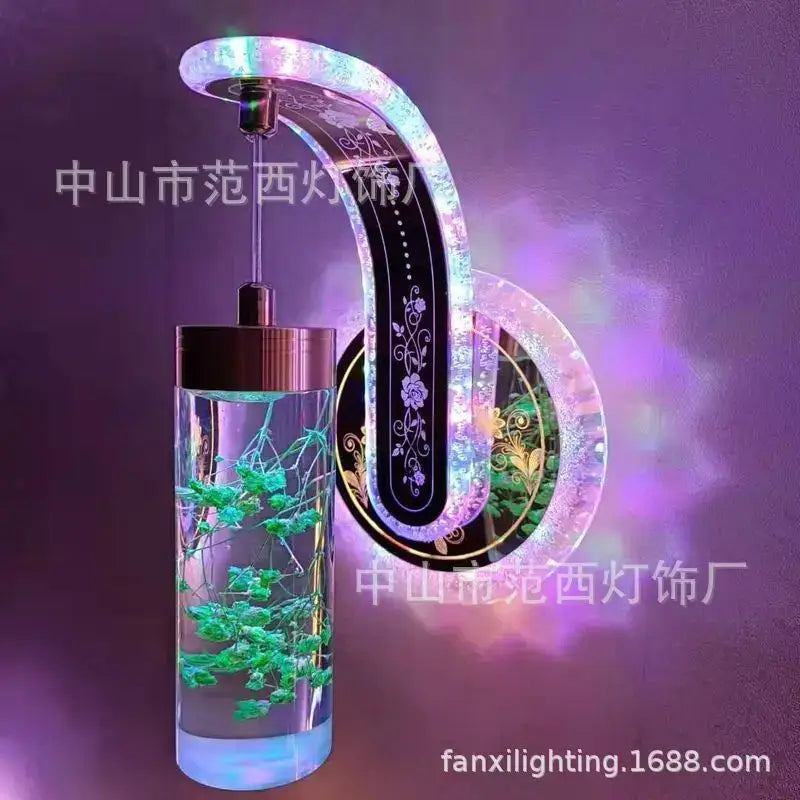 Ornate golden wheat led lights glass wall sconce with curved design and transparent base featuring colorful pressed flower decorbites