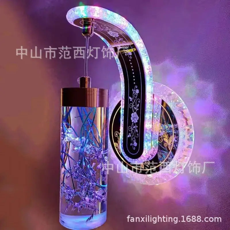 Ornate golden wheat led lights living room glass wall sconce with translucent acrylic body and colorful pressed flower etchings