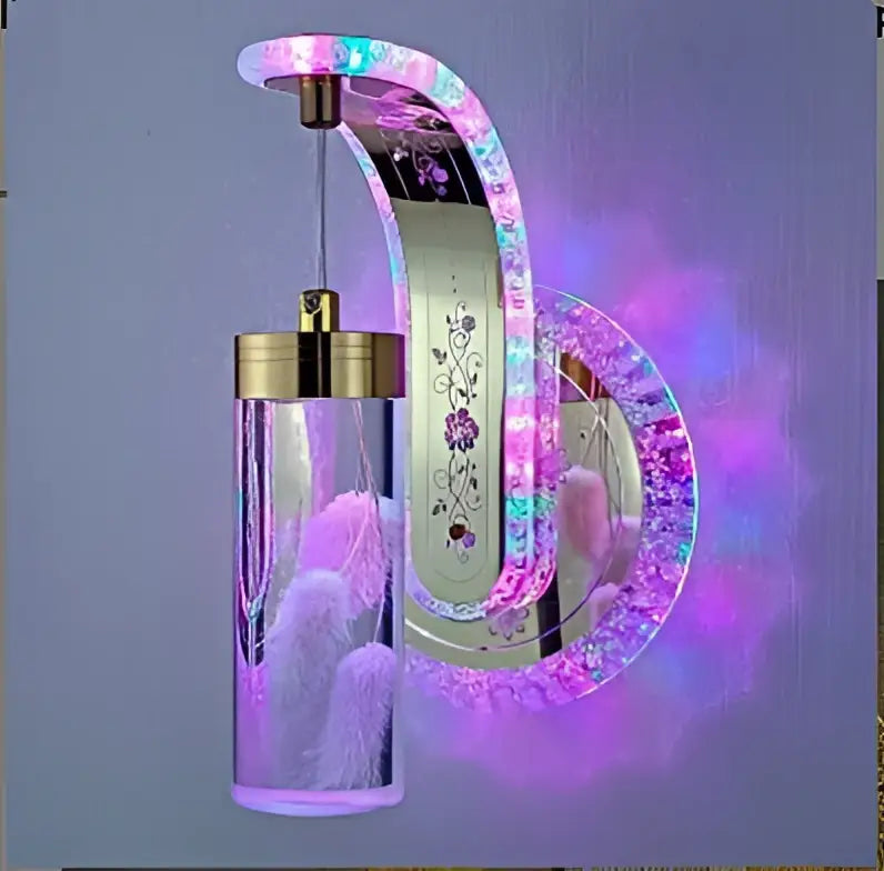 Ornate golden wheat led lights glass wall sconce with clear acrylic pendant and floral etched mirrored backplate for decorbites colorful pressed flower decor