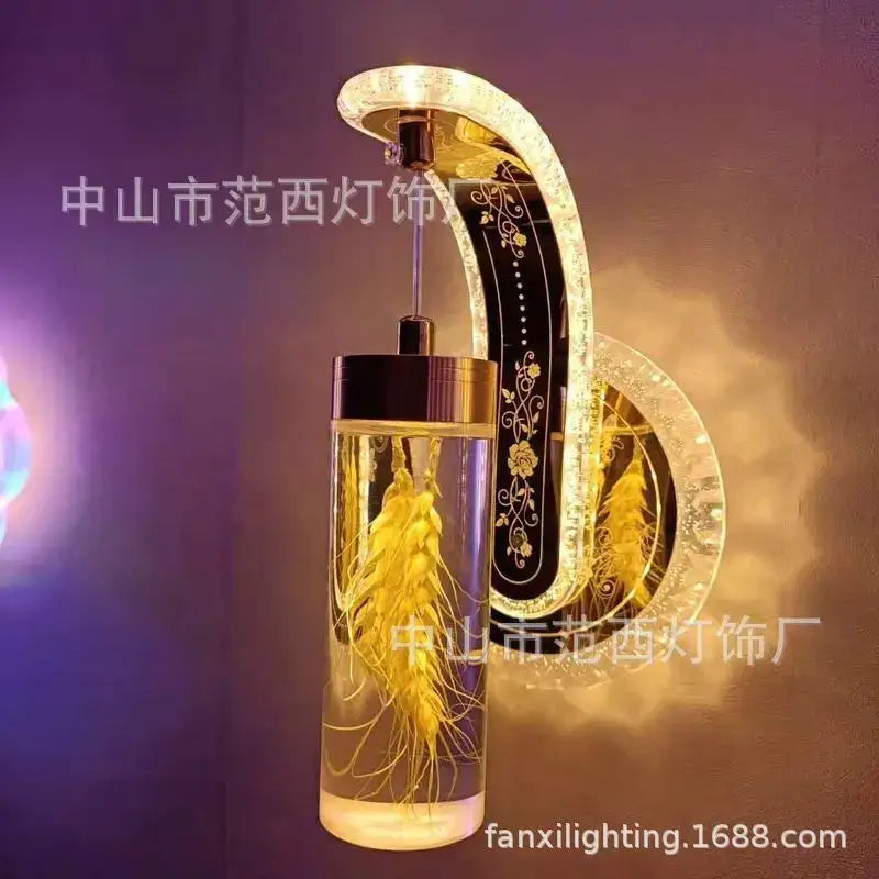 Ornate golden wheat led lights living room glass wall sconce with a crystal-encrusted frame and gold floral detailing decorbites colorful pressed flower