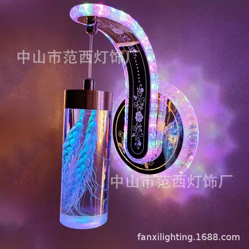 Ornate golden wheat led lights living room glass wall sconce with curved transparent glass and colorful pressed decorbites elements