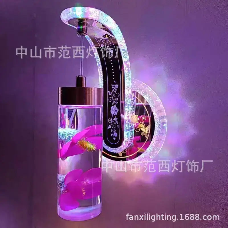 Ornate golden wheat led lights living room glass wall sconce with sleek curved transparent acrylic and colorful pressed flower decorbites