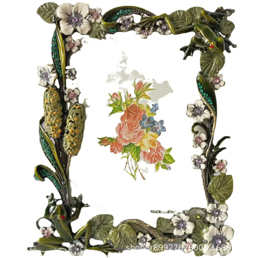 Ornate green and white frog metal photo frame with gold accents and sculpted frogs for living room decorbites frog metal decor