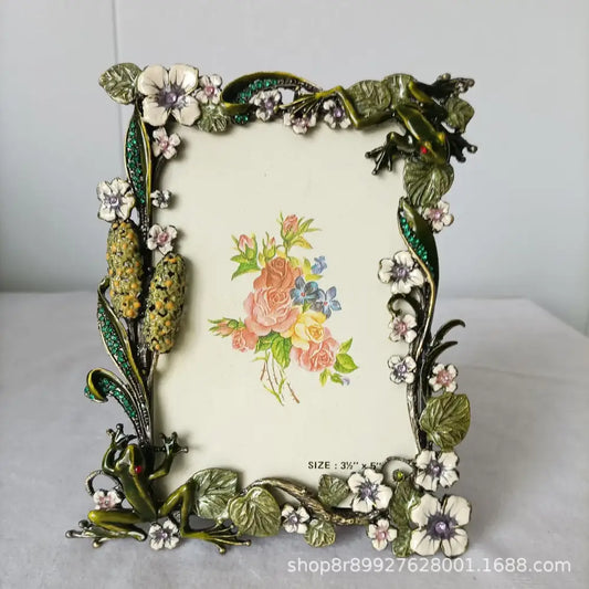 Ornate green and white frog metal photo frame with floral embellishments for living room decorbites frog metal decorbites photo frame