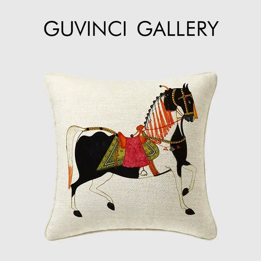 Cream-colored linen cushion cover featuring guvinci horse decorative black and white horse with ornate red green gold tack