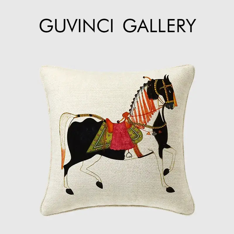 Cream-colored linen cushion cover featuring guvinci horse decorative black and white horse with ornate red green gold tack
