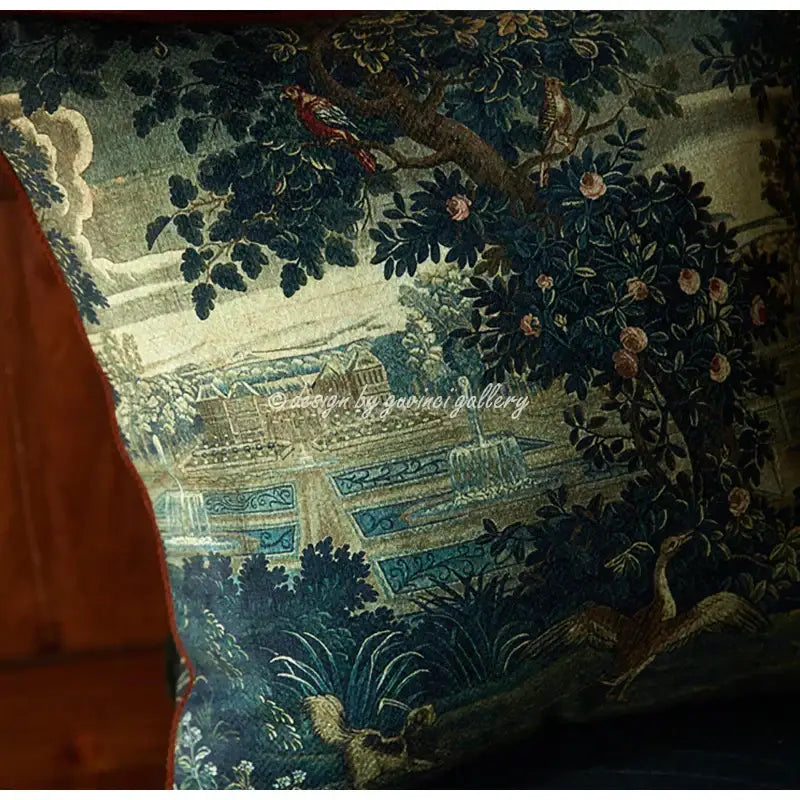 Ornate horse cream linen cushion cover with deep teal woven bird and garden scene for guvinci horse decorative decorbites guvinci horse