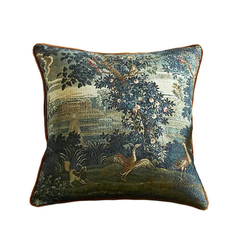 Ornate horse cream linen cushion cover with guvinci horse decorative tapestry design in muted blues green gold decorbites guvinci horse