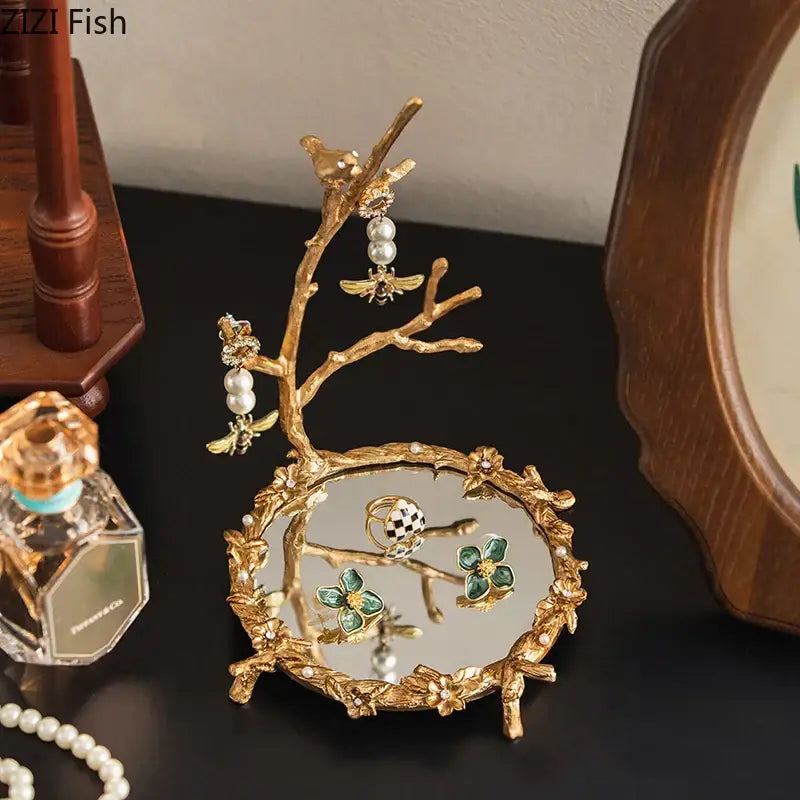Ornate leaf handle decorbites golden mirror glass tray bedroom jewelry organizer with golden branch earring stand and pearls