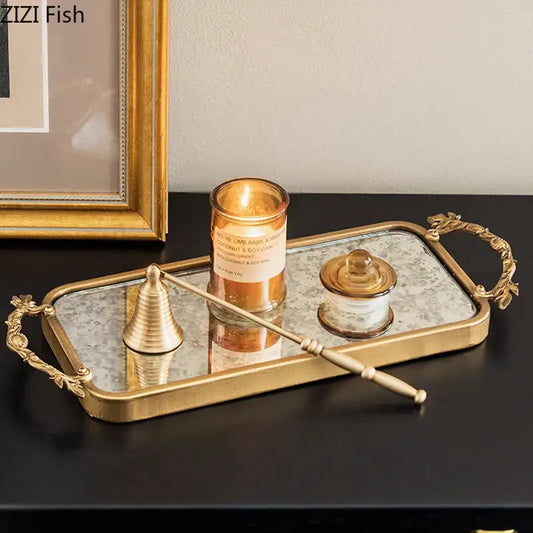 Ornate decorbites golden mirror glass tray with gold leaf handles and glass candle holder for bedroom jewelry organizer