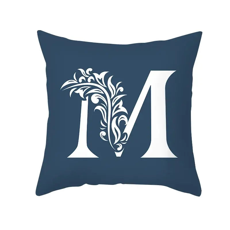 Ornate navy blue letter pillowcase with white floral monogram m for living room decorbites blue letter cushion cover