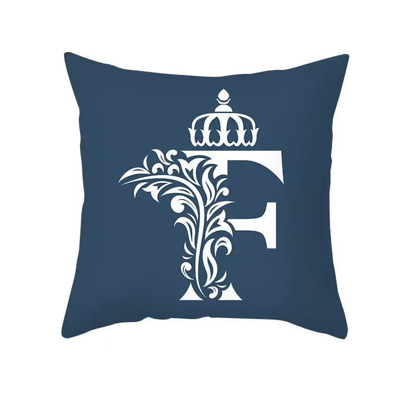 Ornate navy blue letter pillowcase with white monogram crown and floral design for decorbites blue letter decorbites blue