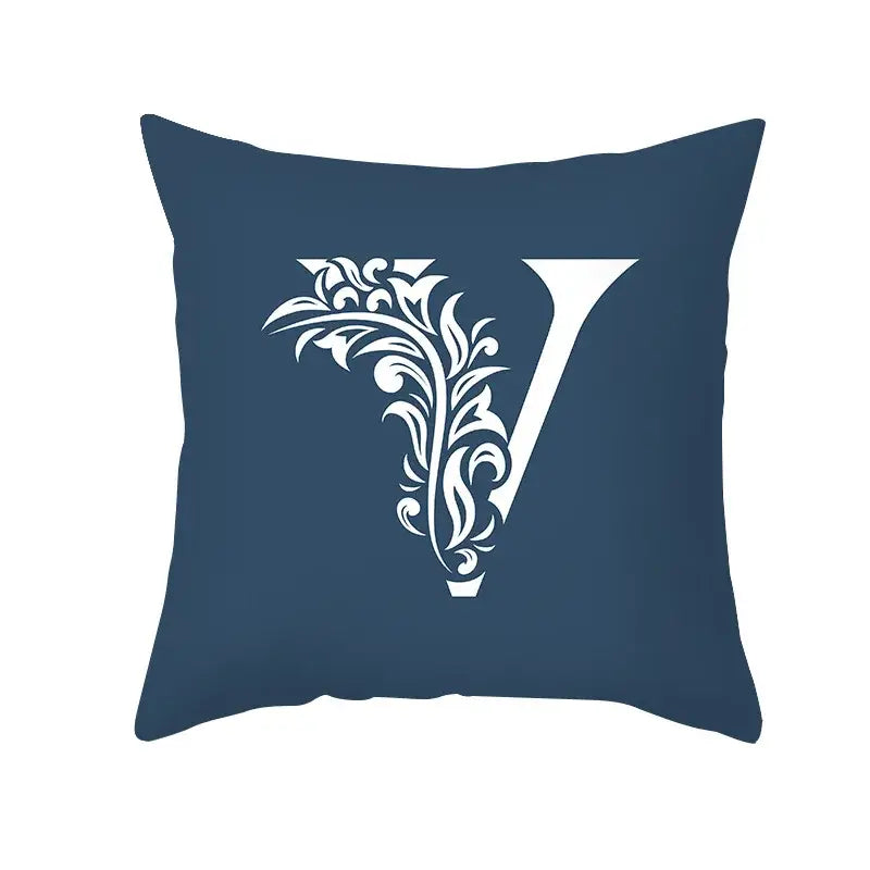 Ornate navy blue letter pillowcase with white letter v design for living room decorbites blue letter cushion cover