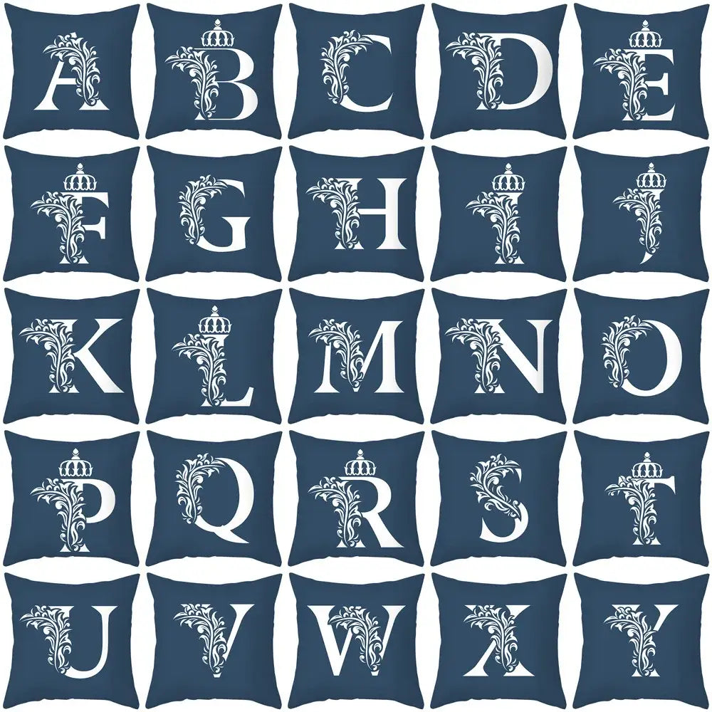 Navy blue cushion cover with white ornate letter and crown design decorbites blue letter pillowcase for living room decor
