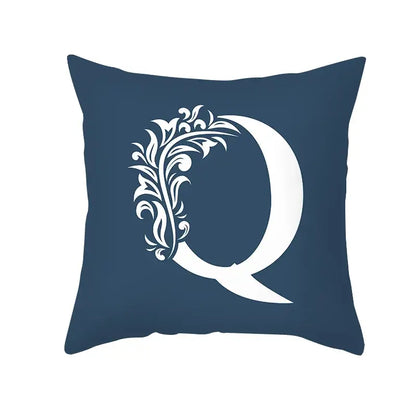Navy blue throw pillow with white ornate letter q floral design decorbites blue letter pillowcase living room crown cushion cover