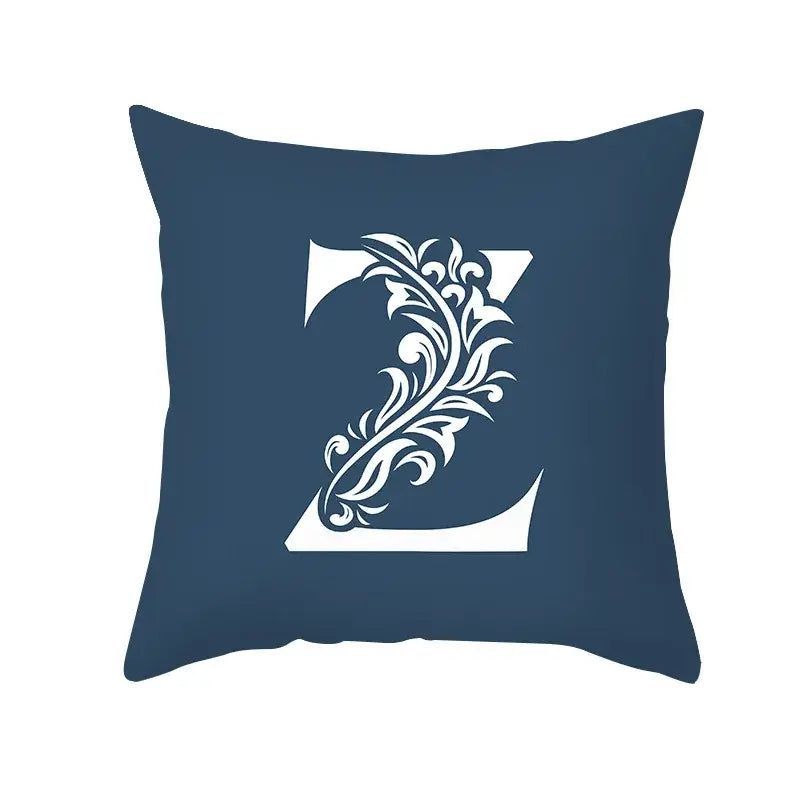 Navy blue throw pillowcase with white ornate letter z design perfect for decorbites blue letter living room decor
