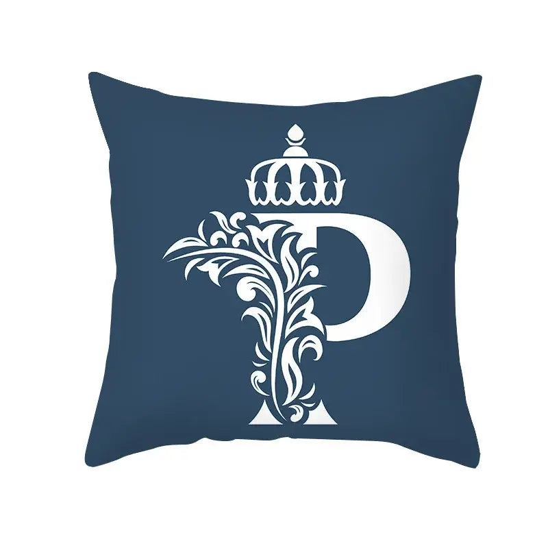 Ornate navy blue throw pillow with white decorative letter p crown and floral design decorbites blue letter pillowcase