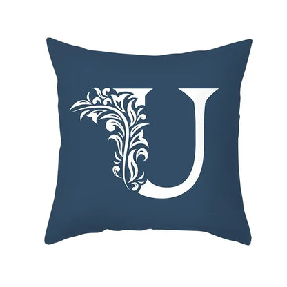 Navy blue throw pillow with white ornate letter u featuring floral design for decorbites blue letter pillowcase decor