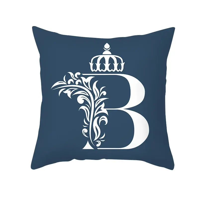 Navy blue decorbites blue letter pillowcase with white ornate letter b and crown design for living room decor