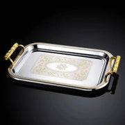 Rectangular silver tray with gold-handled ornate handles and a central floral design for decorbites ceramic animal display