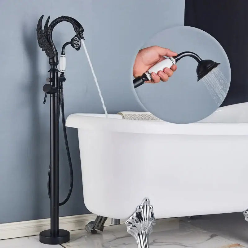 Ornate black wrought iron bathtub faucet with swan design and white ceramic accents from decorbites black bathtub faucet
