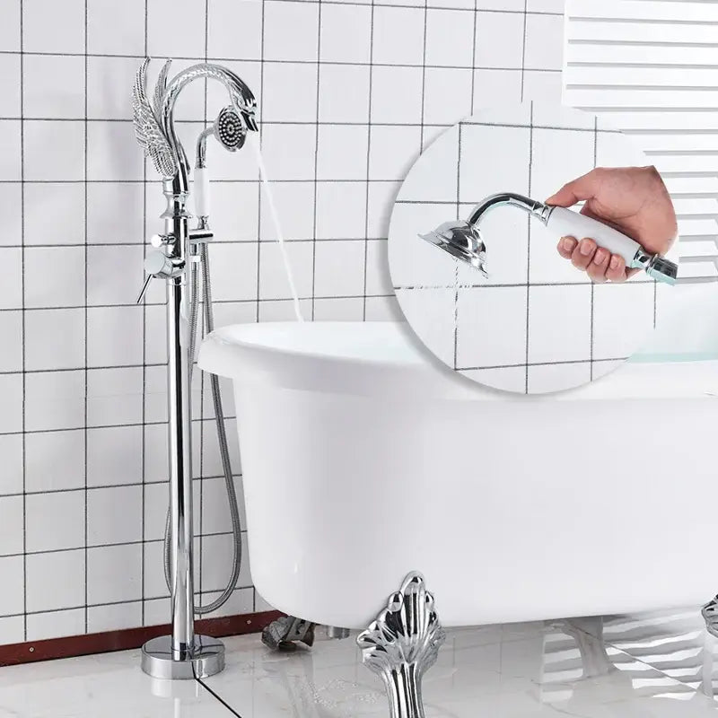 Chrome-finished clawfoot bathtub faucet with ornate winged design and matching handheld showerhead for bathroom decorbites black bathtub