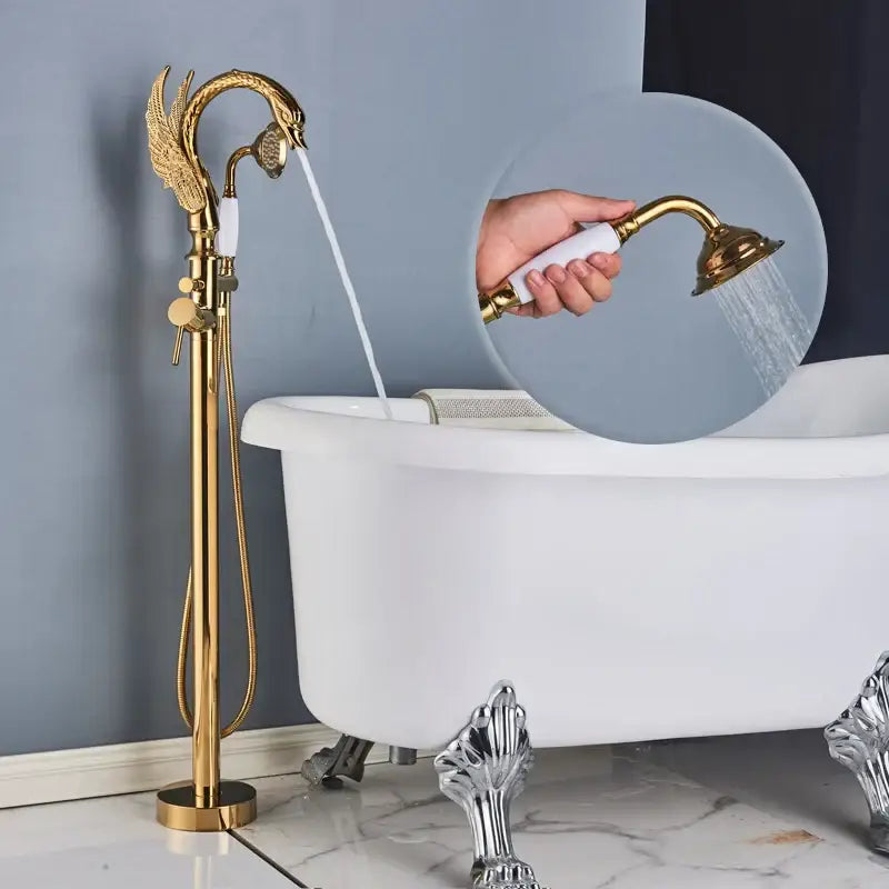 Ornate swan gold bathtub faucet with golden dragon theme white handheld showerhead perfect for decorbites black bathtub