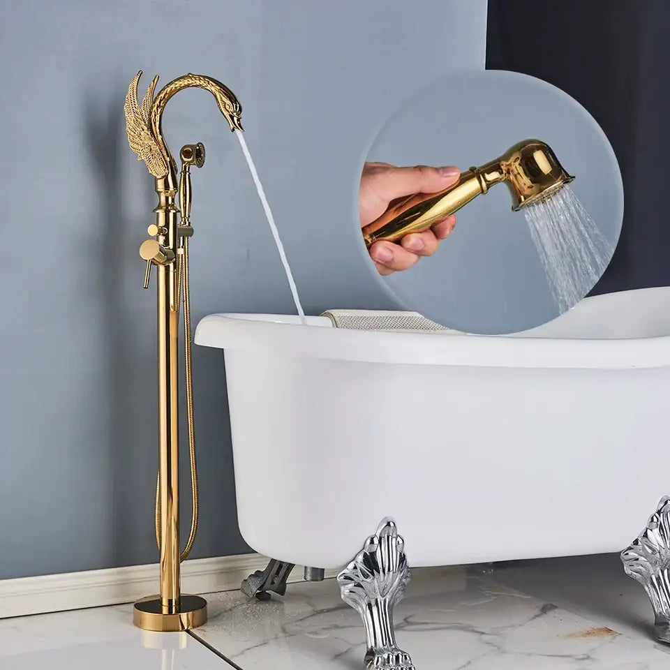 Ornate gold swan-shaped bathtub faucet with matching handheld showerhead for elegant bathroom decorbites black bathtub use