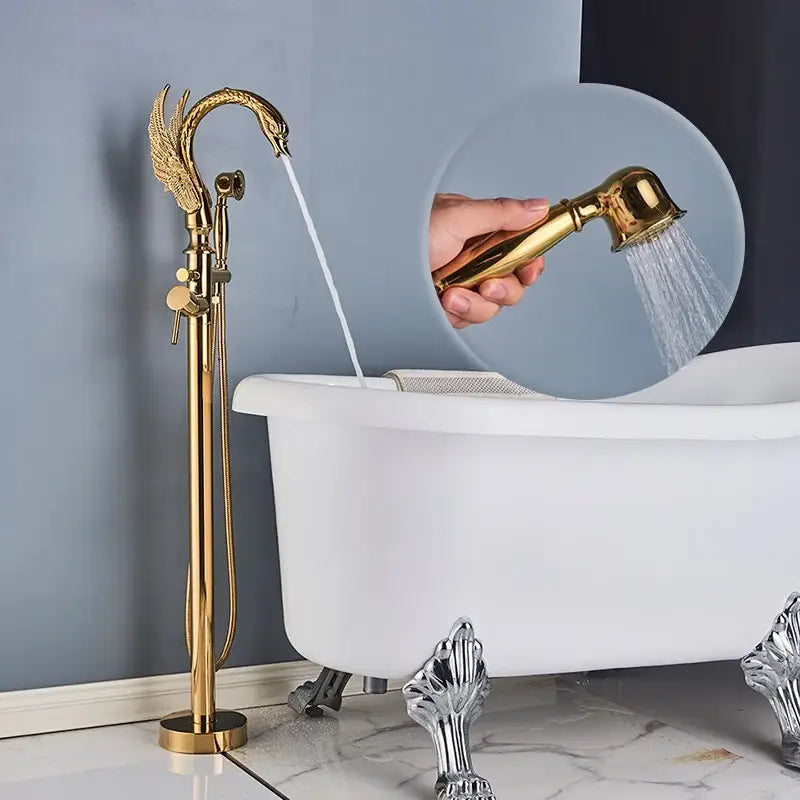 Ornate gold swan bathtub faucet with matching handheld showerhead for bathroom featuring decorbites black bathtub faucet design