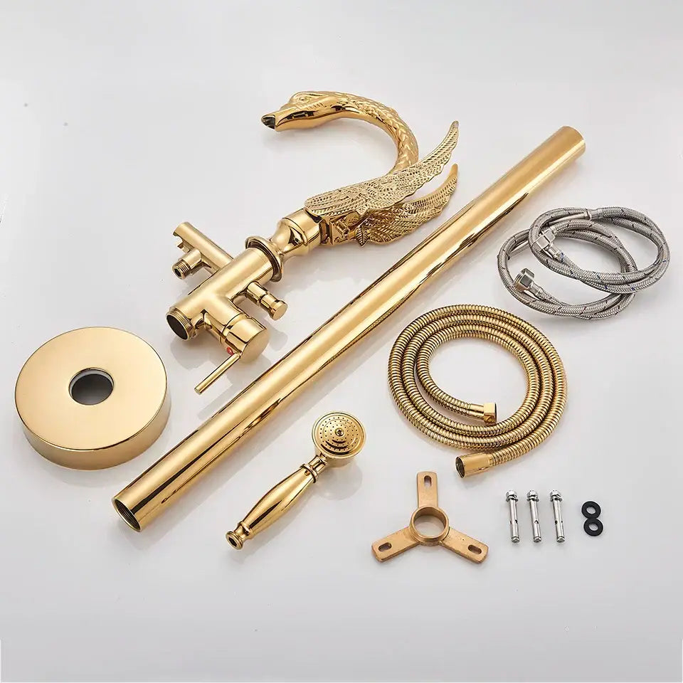 Ornate swan gold bathtub faucet with matching brass fixtures for elegant bathroom decorbites black bathtub setup