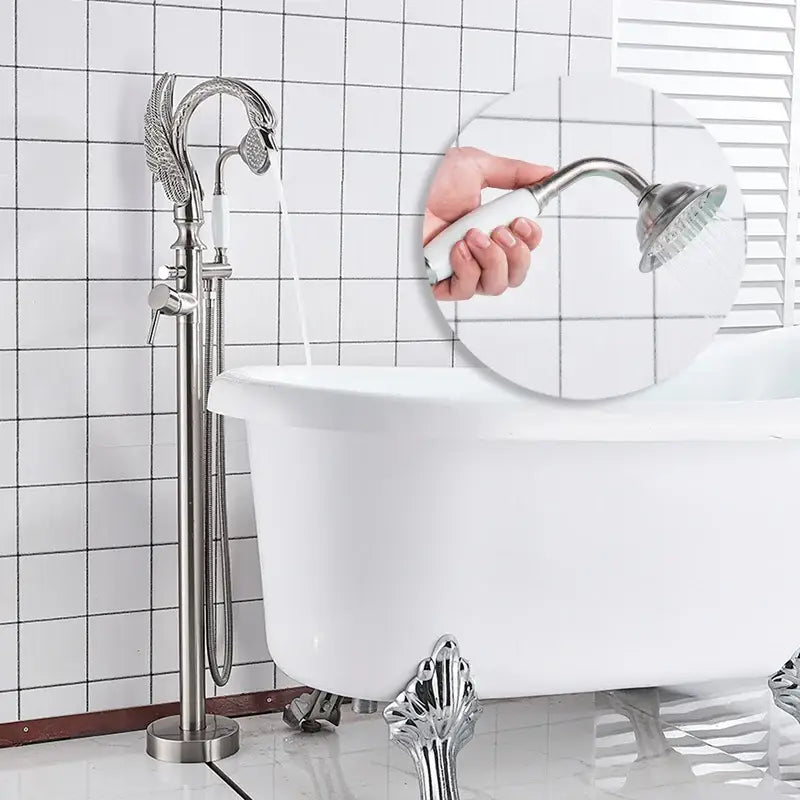 Stylish chrome-finished ornate swan bathtub faucet with handheld showerhead ideal for decorbites black bathtub