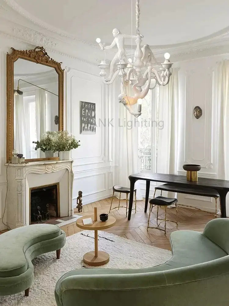 Ornate white sculptural pendant chandelier featuring monkeys pendant design for living room decor