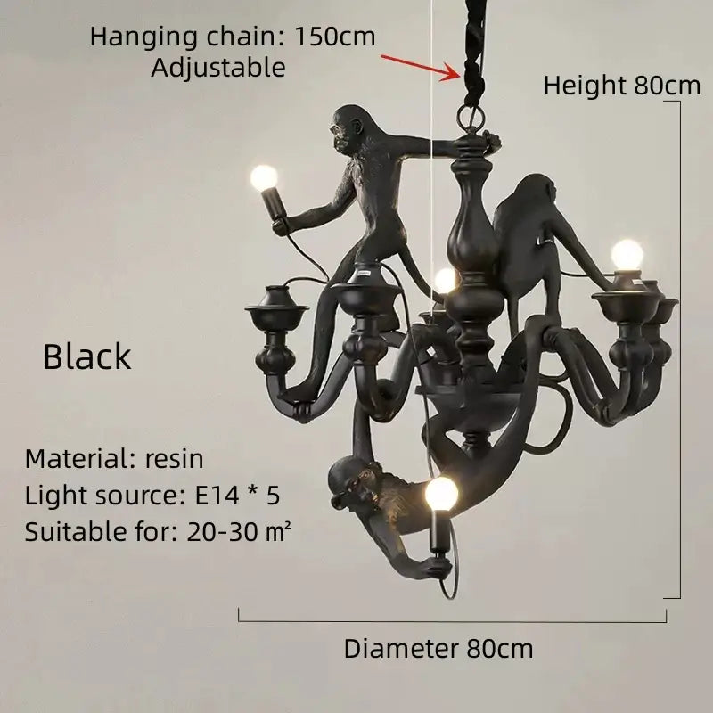 Ornate black resin monkeys pendant chandelier with five e14 bulbs featuring sculpted dynamic monkey figures for living room decor