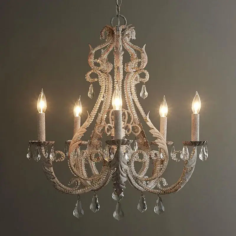 Antique white ornate decorbites iron crystal chandelier with metalwork and crystal droplets for living room decor