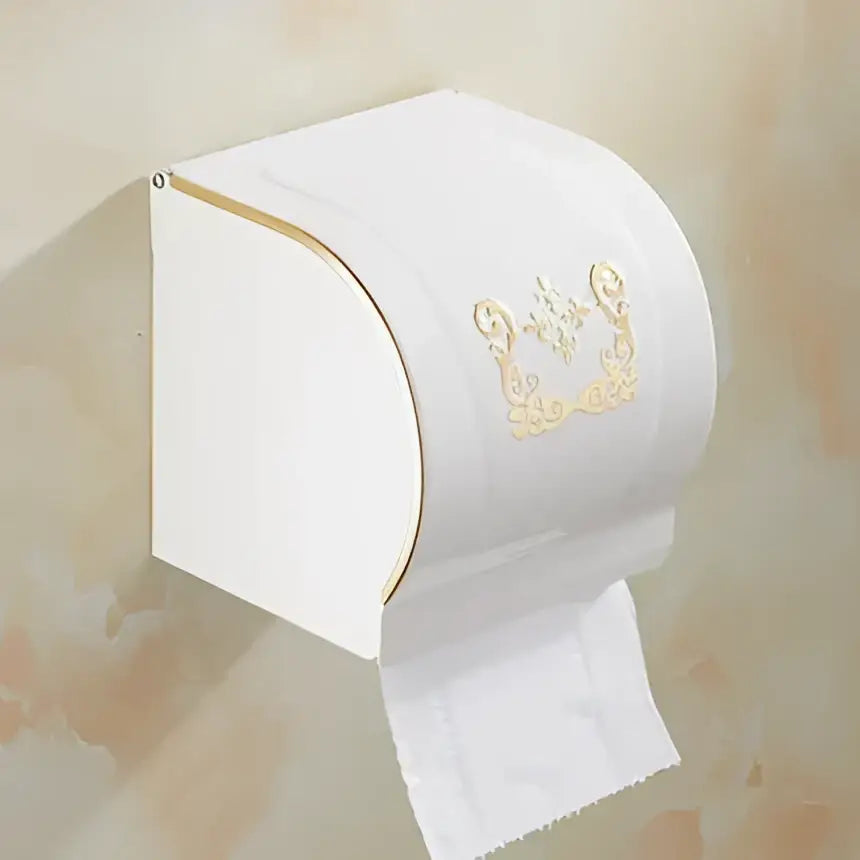 Ornate white and gold toilet paper holder with curved design from decorbites bath hardware set for bathroom decor