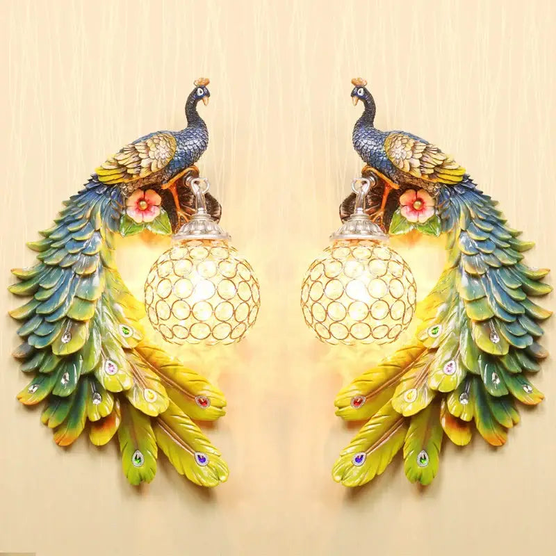 Pair of ornate white gold peacock crystal wall lamp bedroom sconces with iridescent feathers and floral accents