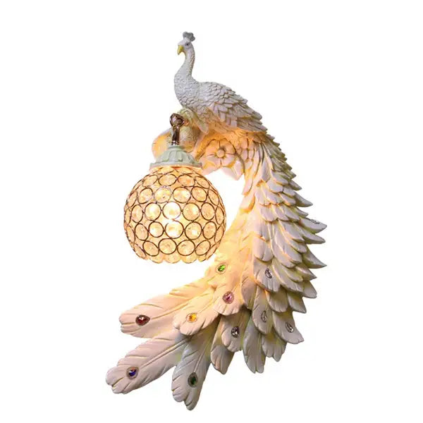 Ornate white gold peacock crystal wall lamp with detailed feathers and mosaic glass globe shade for bedroom decorbites gold peacock
