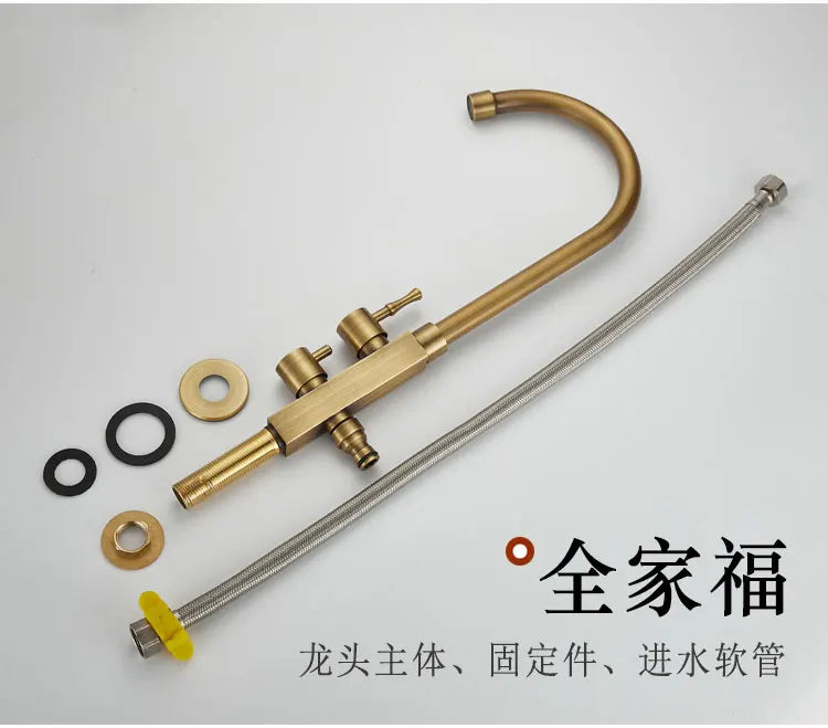 Brass finished outdoor antifreeze single hole faucet with curved spout mounting hardware and flexible metal hose