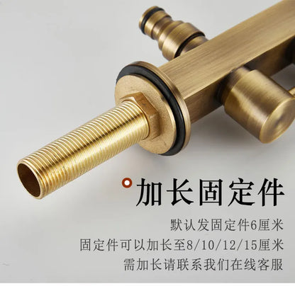 Brass-finished single hole outdoor antifreeze faucet with threaded connections and black rubber gasket for balcony basin