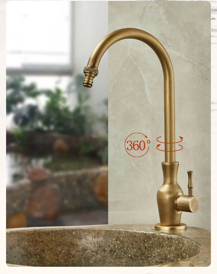 Brass-finished outdoor antifreeze single hole kitchen faucet with curved 360-degree swivel spout for balcony use