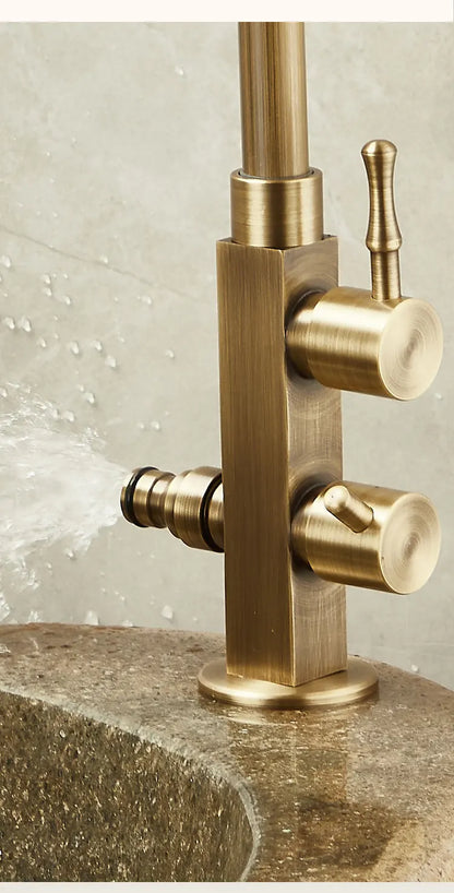 Brass-finished outdoor antifreeze single hole faucet with dual handles and 360° swivel spout for cold water control