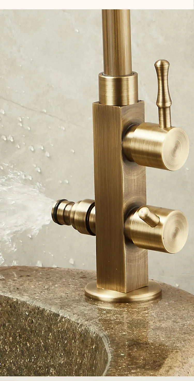 Brass-finished outdoor antifreeze single hole faucet with dual handles and 360° swivel spout for cold water control