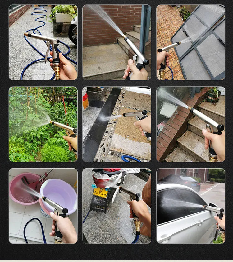 Silver and black garden hose nozzle with adjustable spray settings for versatile cleaning paired with single hole antique brass 360° swivel outdoor antifreeze faucet